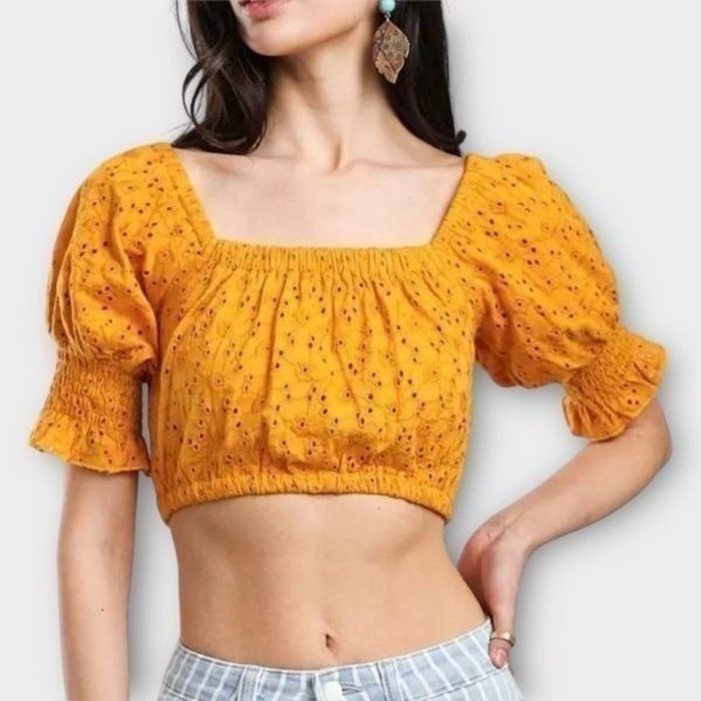 Billabong Crop Top Summer Girl Eyelet Puffed Sleeve Sunflower Womens Size S